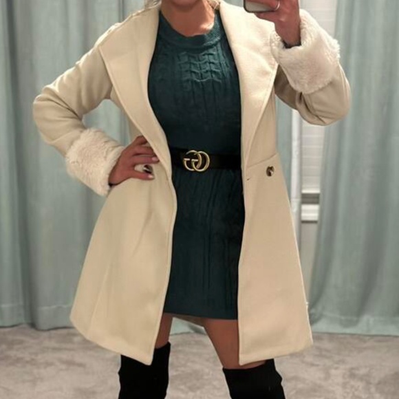 Classic Vegan Fur Double breasted Flared Hem Jacket Coat - Picture 9 of 11